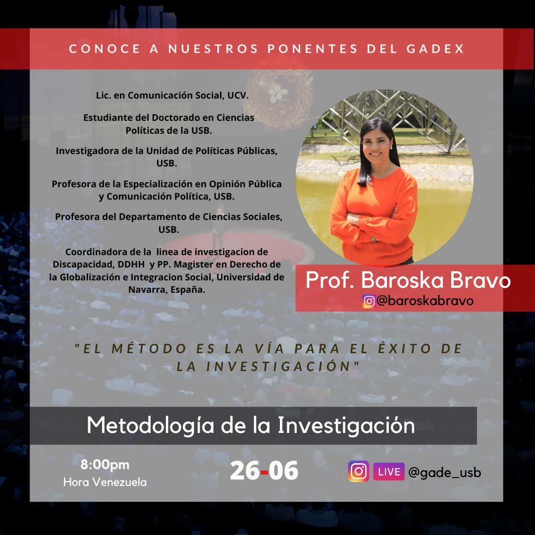 FCEUSB's tweet photo. Nos complace en presentar a nuestro último ponente de nuestra primera edición de GADEx, conferencias estilo TED: La prof. Baroska Bravo (@baroskabravo).
#GADEx #Charlas #TED #Metodología #Investigación #Instagram #Live #Venezuela https://t.co/7UOTYu1Wbq