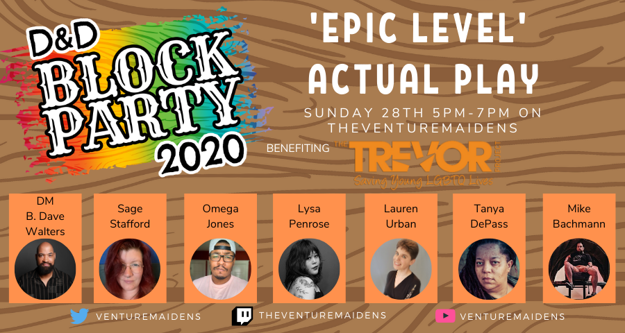 venturemaidens's tweet photo. And for the #DnDBlockParty finale at 5pm PT we have an EPIC LEVEL game DM'ed by @BDaveWalters

Starring @StaffofSage @CriticalBard @OboeLauren @cypheroftyr @TheMikeBachmann and @lysapenrose

More news to come this week but see the full event schedule here:
https://t.co/yTBLFmpRTh https://t.co/N6Y79dgzS4