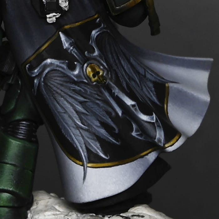 Daemonrich's tweet image. Yet another update for #MasterLazarus of the #DarkAngels #notangles This time it's all freehand work, and it's been some of the hardest I've had to do due to the folds in the cloak. There is a little more to add then just tidying up!
