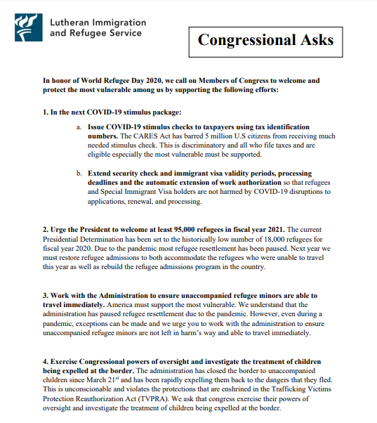 Learn more about our Congressional Asks below:95K refugee admissions in FY21Extend pandemic legislation to provide relief to excluded immigrants + their familiesRestart resettlement of refugee minors + stop expelling migrant kids at S. border https://bit.ly/3dmd0d2&nbsp;