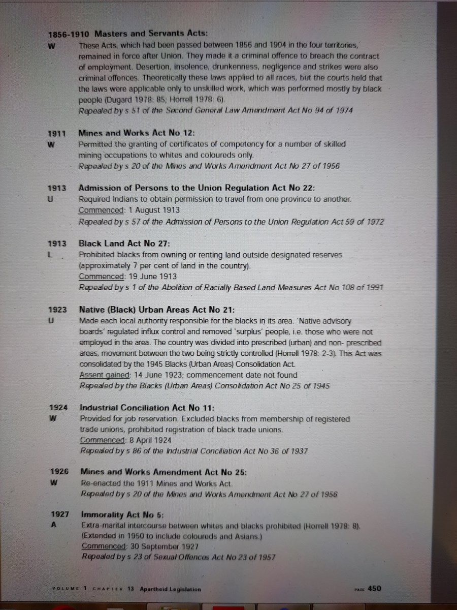 There are twenty seven pages of laws listed. For the sake of 'brevity', the additional eighteen pages of homelands laws are not included here. They can be found on pages 478 - 496 of Volume 1.Here we go: