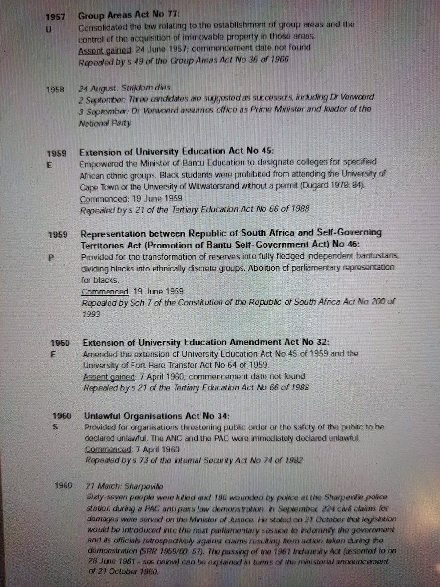 There are twenty seven pages of laws listed. For the sake of 'brevity', the additional eighteen pages of homelands laws are not included here. They can be found on pages 478 - 496 of Volume 1.Here we go: