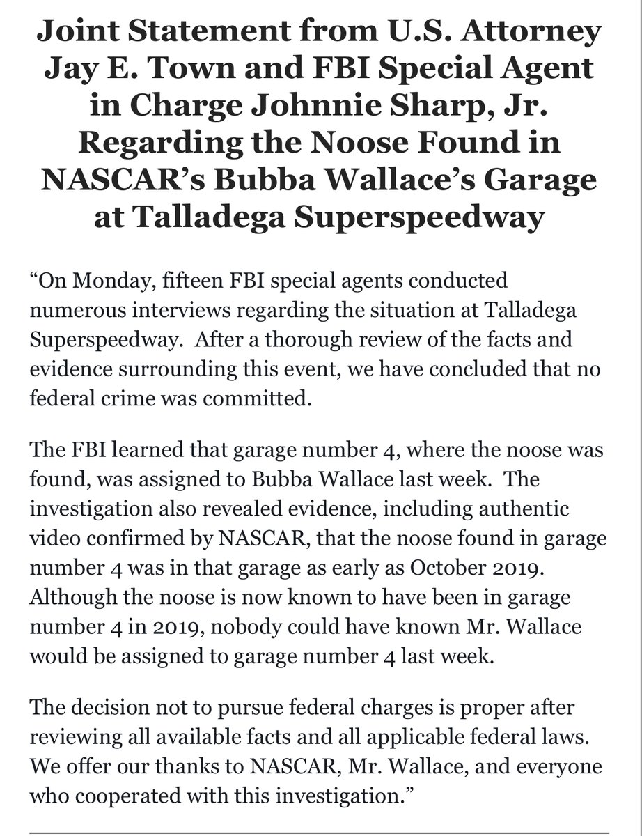 NEWS: The FBI has just released a statement about the NASCAR noose incident at Talladega, indicating it was a misunderstanding. No crime was committed. The noose was already there as early as last year.