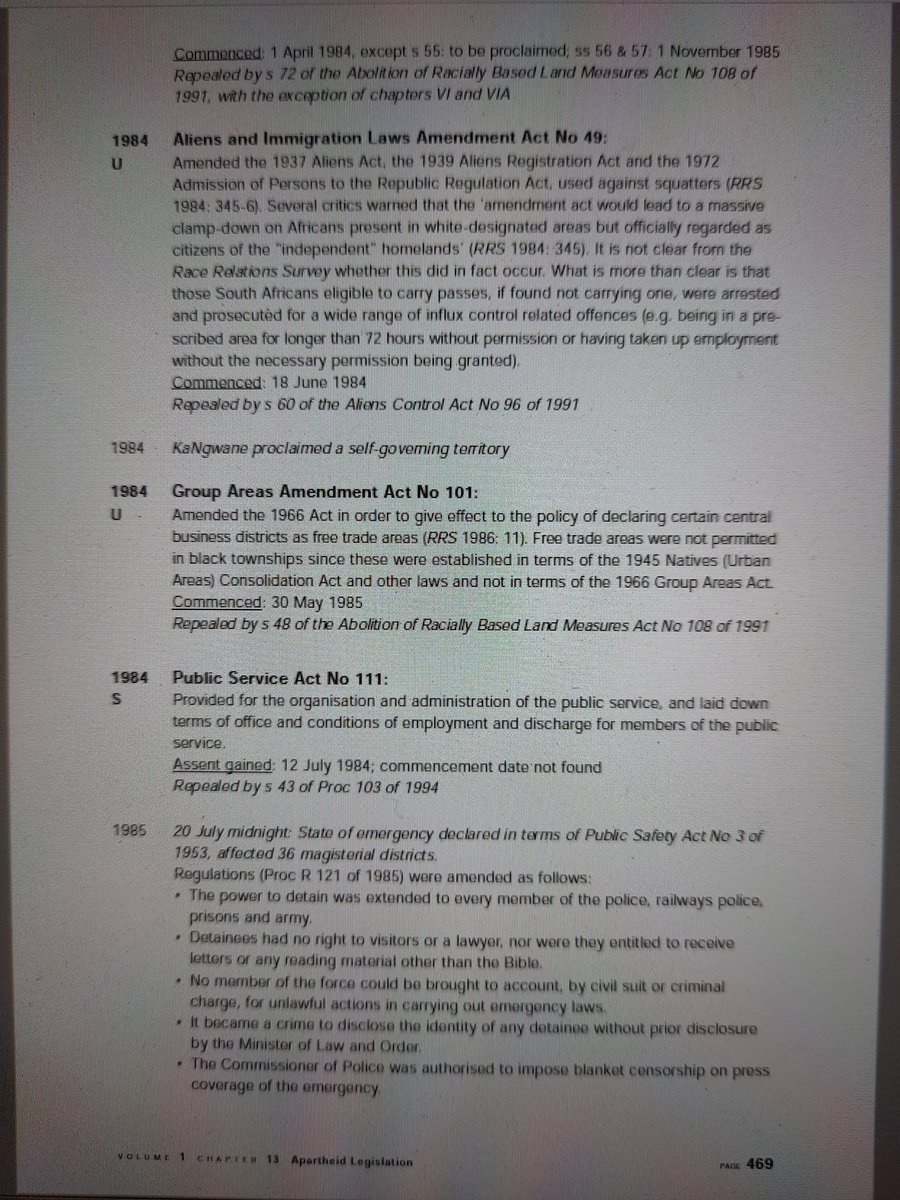 There are twenty seven pages of laws listed. For the sake of 'brevity', the additional eighteen pages of homelands laws are not included here. They can be found on pages 478 - 496 of Volume 1.Here we go: