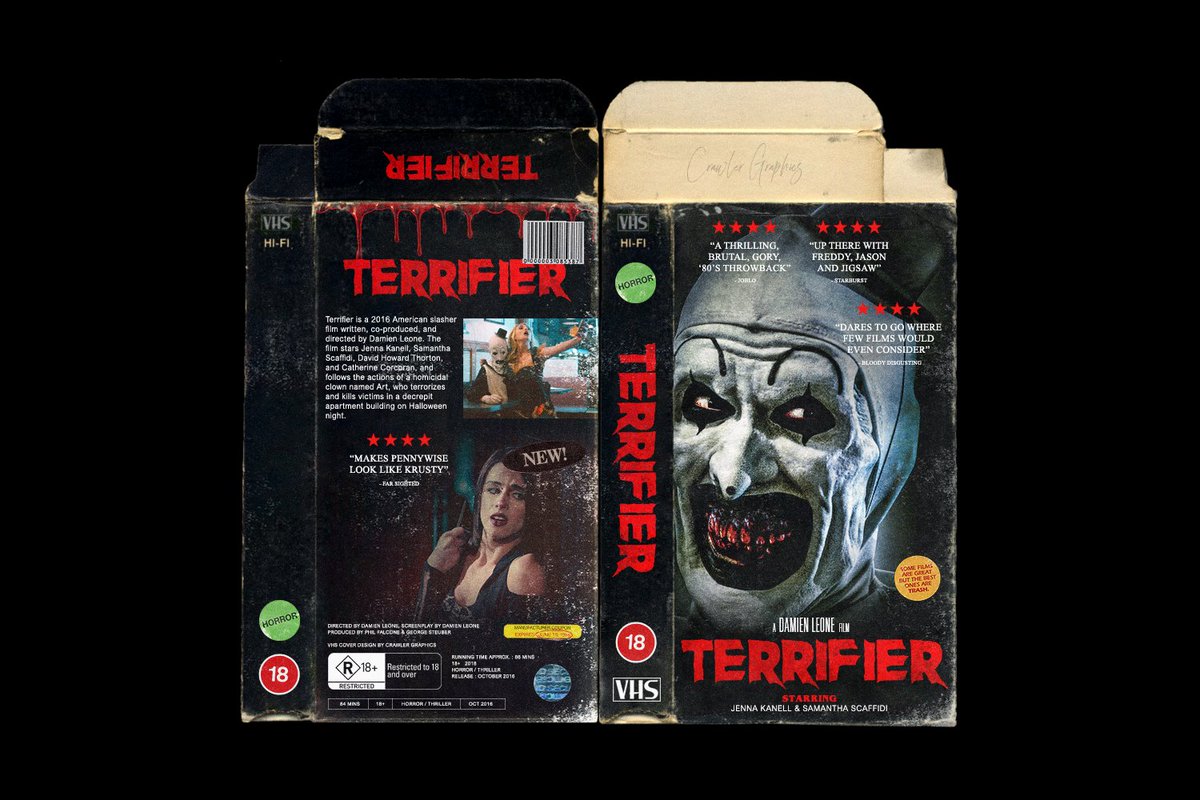 crawlergraphics's tweet photo. A VHS tape cover design for "Terrifier"; a horror movie by @DamienLeone.

Let me know your thoughts and feedback. 🙏 https://t.co/LndN9L4pUP