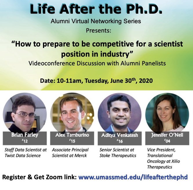 GSBScareer's tweet photo. @GSBS_UMassMed students, postdocs, alumni: Don’t miss our last #LifeAfterthePhD event, next Tuesday! 
“How to Prepare to be Competitive for a Scientist Position in Industry” Register now! https://t.co/jhP3izSUGG https://t.co/1zjyqqclEc