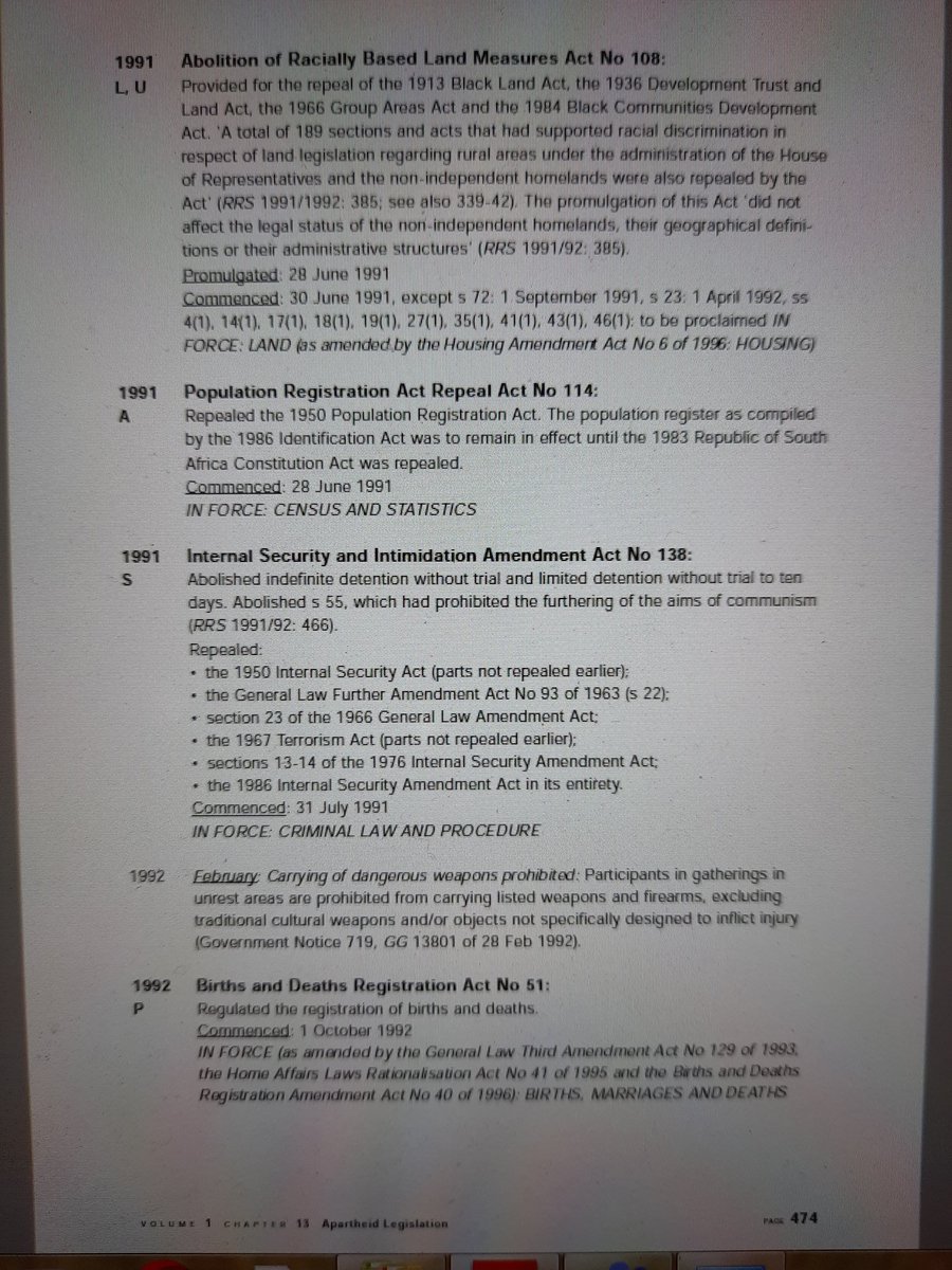 There are twenty seven pages of laws listed. For the sake of 'brevity', the additional eighteen pages of homelands laws are not included here. They can be found on pages 478 - 496 of Volume 1.Here we go: