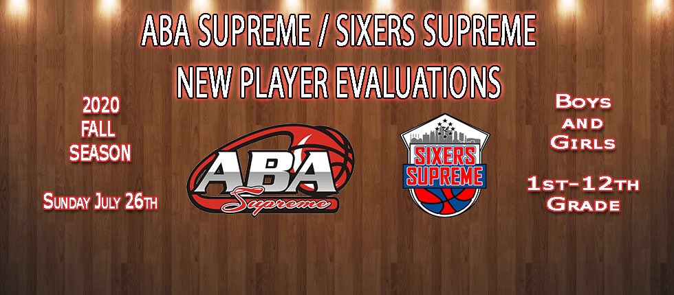 NEW PLAYER EVALUATIONS SUNDAY 7/26!

🍁 Fall Season (8/17-10/25)
🏀 Players of all Skill Levels
✔️ New Player Evaluations
🗓 Sunday July 26th
📌 SAC
⛹️‍♂️ Boys 1st - 12th grade
⛹️‍♀️ Girls 1st - 12th grade 
🎟 Pre-Registration Required
🖥 Register at abasupreme.com/fall-2020.html