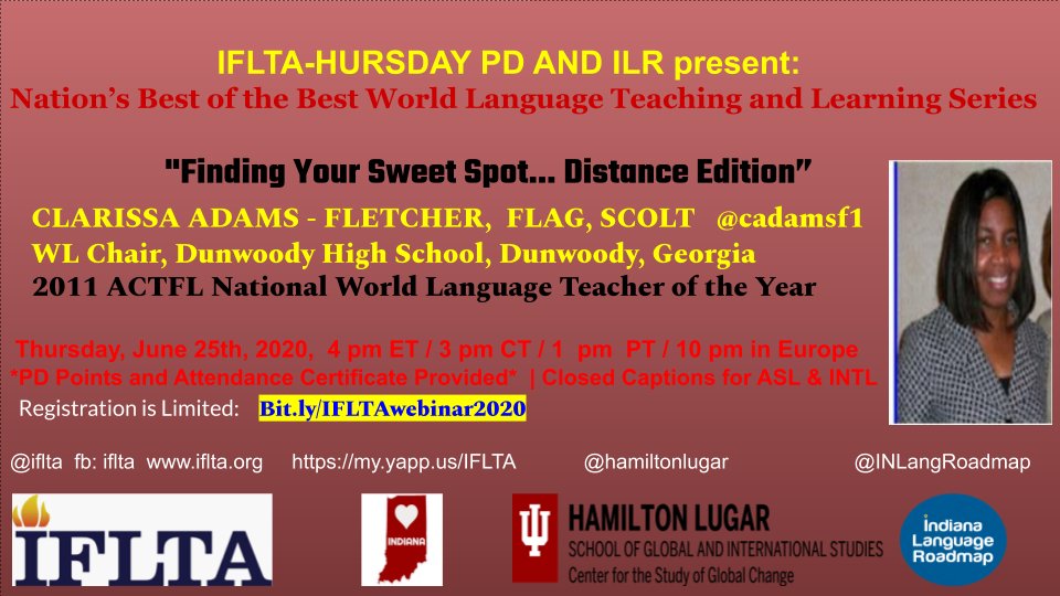 ONE MORE! DON'T MISS IT! <a href="/IFLTA/">IFLTA</a> <a href="/INLangRoadmap/">Indiana Language Roadmap</a> <a href="/cadamsf1/">cadamsf1</a> @dunwoodyHS <a href="/FLAGeorgia/">Foreign Language Association of GA</a> <a href="/_SCOLT_/">SCOLT 🌎</a>  @NECTFL1 <a href="/AATGOnline/">AATG</a> <a href="/AATFrench/">AATF</a> <a href="/AZLAinfo/">AZLA</a> <a href="/TFLA_Tweets/">TFLA</a> <a href="/CLTAtweets/">California Language Teachers' Association</a> <a href="/MEGASDCOE/">Multilingual Education & Global Achievement- SDCOE</a> @BilingualNation <a href="/jhaxhi/">Jessica Haxhi</a> @Spyder0902 <a href="/CLASS_K12/">CLASS_K12</a> #iflta #actfl #langchat   

R/tion: Bit.ly/IFLTAwebinar20…