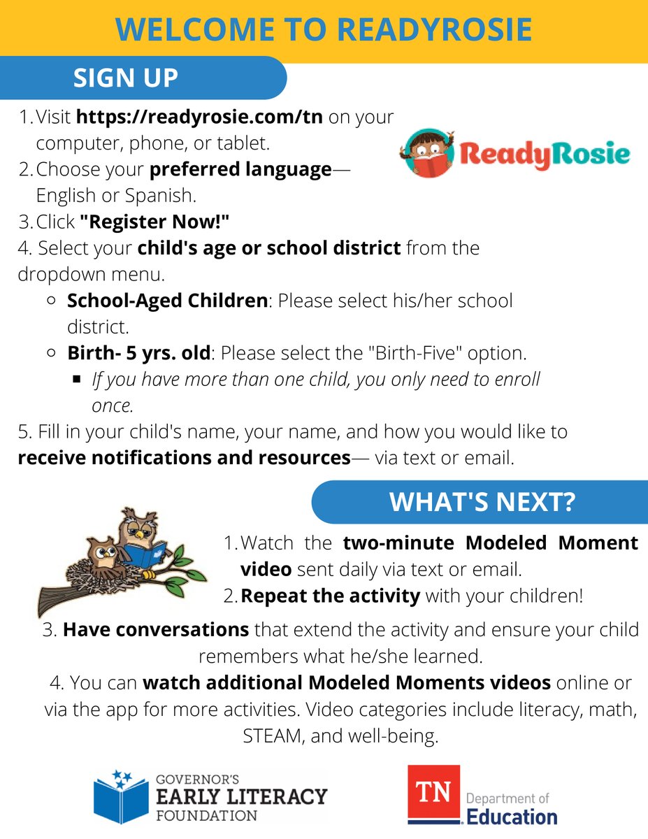 Families who sign up by June 30 will have access all summer to @ReadyRosie, a free, online education tool, which provides at-home instructional videos families can do with their children. Register here: readyrosie.com/tn/. Click below for a how to use guide.