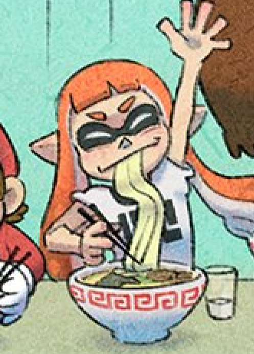 Inkling:the lack of spoon implies she's gonna down the soup in one go which is amazing. either that or the liquid would fucking kill her. the perspective is hard but it seems she's holding it functionally