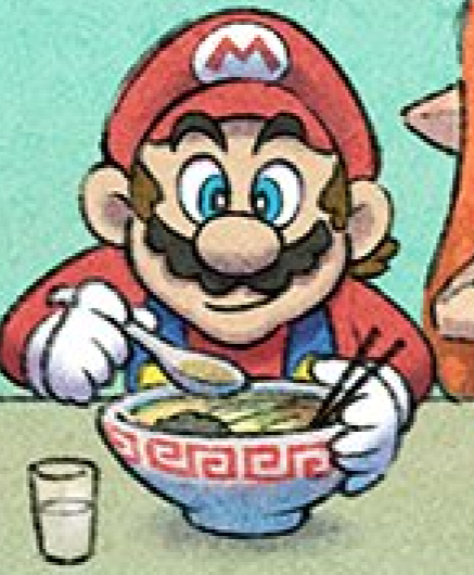 Mario:i love you my little man but what are you doing. how does he hold the bowl and chopsticks at the same time. those chopsticks are gonna fall into the soup. hoverhanding taken to a sad new level
