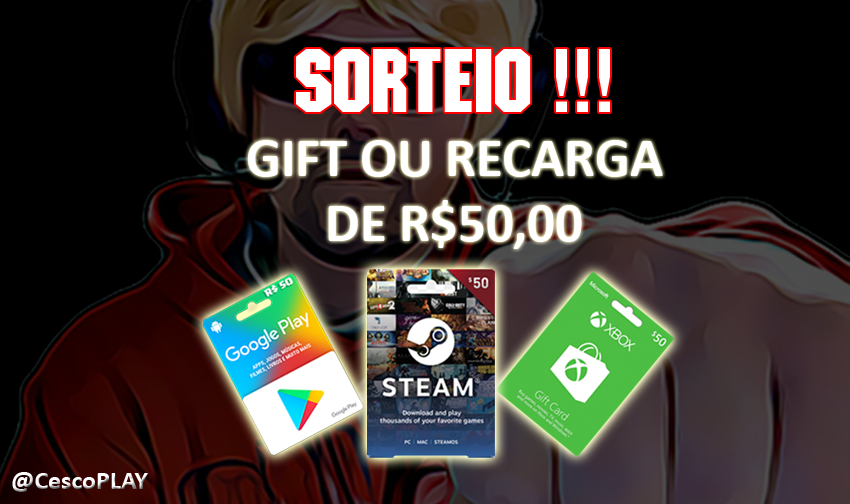 Fala brodueis! Sorteio pra vocês! 👊

SORTEIO DE 💰 R$50,00 em gift card ou recarga no jogo à sua escolha!

Como participar:

1- Siga meu perfil <a href="/CescoPLAY/">Cesco</a> no twitter  
2- CURTA e RETUÍTE esta publicação

O sorteio será dia 03/07 às 19h em twitch.tv/cescoplay

VALENDOOOO! 🔥