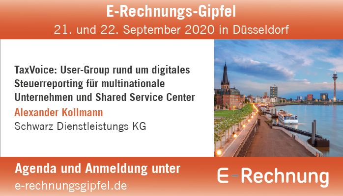 Alexander Kollmann, Project-Manager #EInvoicing Schwarz Gruppe, rund um digitales #Steuerreporting für multinationale Unternehmen und #SharedServiceCenter beim E-Rechnungs-Gipfel in Düsseldorf am 21. &amp; 22. September 2020. 
Agenda: e-rechnungsgipfel.de 
#ERGI20 <a href="/ExchangeSummit/">E-Invoicing Exchange Summit</a>