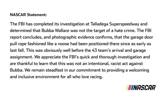 5. Here is  @NASCAR's statement on the situation acknowledging what I referred to in the first tweet that the rope/noose found was used to pull down the garage door and had been there for months...well before Bubba Wallace took over the garage.