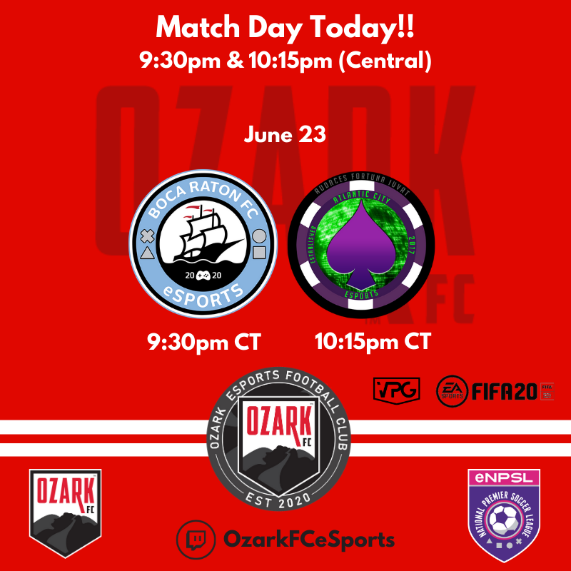It's another match day! Catch all the action tonight when we take on <a href="/BocaRatonFC/">Boca Raton FC</a> and <a href="/AtlanticCityFC/">Atlantic City FC</a> in the #eNPSL This is the final push to make the playoffs.
.
.
twitch.tv/ozarkfcesports
facebook.com/ozarkfc
Youtube: Ozark FC
.
.
<a href="/NPSLSoccer/">National Premier Soccer League (NPSL)</a>