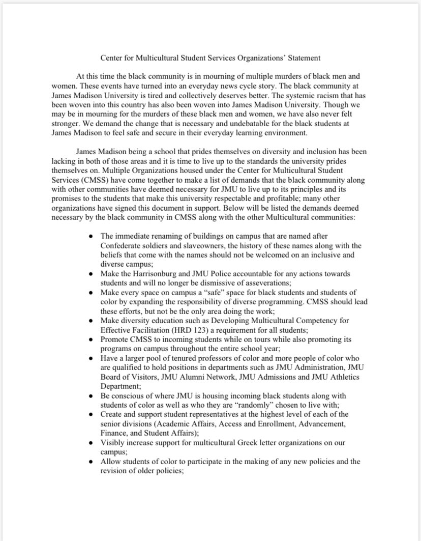 JMUNAACP's tweet image. Stop Asking for bare minimum.
Start Demanding Change. 💪🏾💛

@JMU These are our demands. 
As a University if you truly value diversity and inclusion, then you will take them into account. 

#ChangeTheNames #WhereIsAlger #JMU #JMU21 #JMU22 #JMU23 #JMU24 #JMUAlum #JMUNAACP