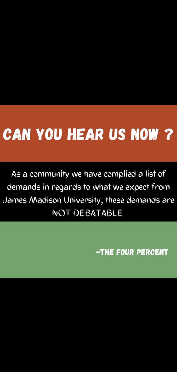 JMUNAACP's tweet image. Stop Asking for bare minimum.
Start Demanding Change. 💪🏾💛

@JMU These are our demands. 
As a University if you truly value diversity and inclusion, then you will take them into account. 

#ChangeTheNames #WhereIsAlger #JMU #JMU21 #JMU22 #JMU23 #JMU24 #JMUAlum #JMUNAACP