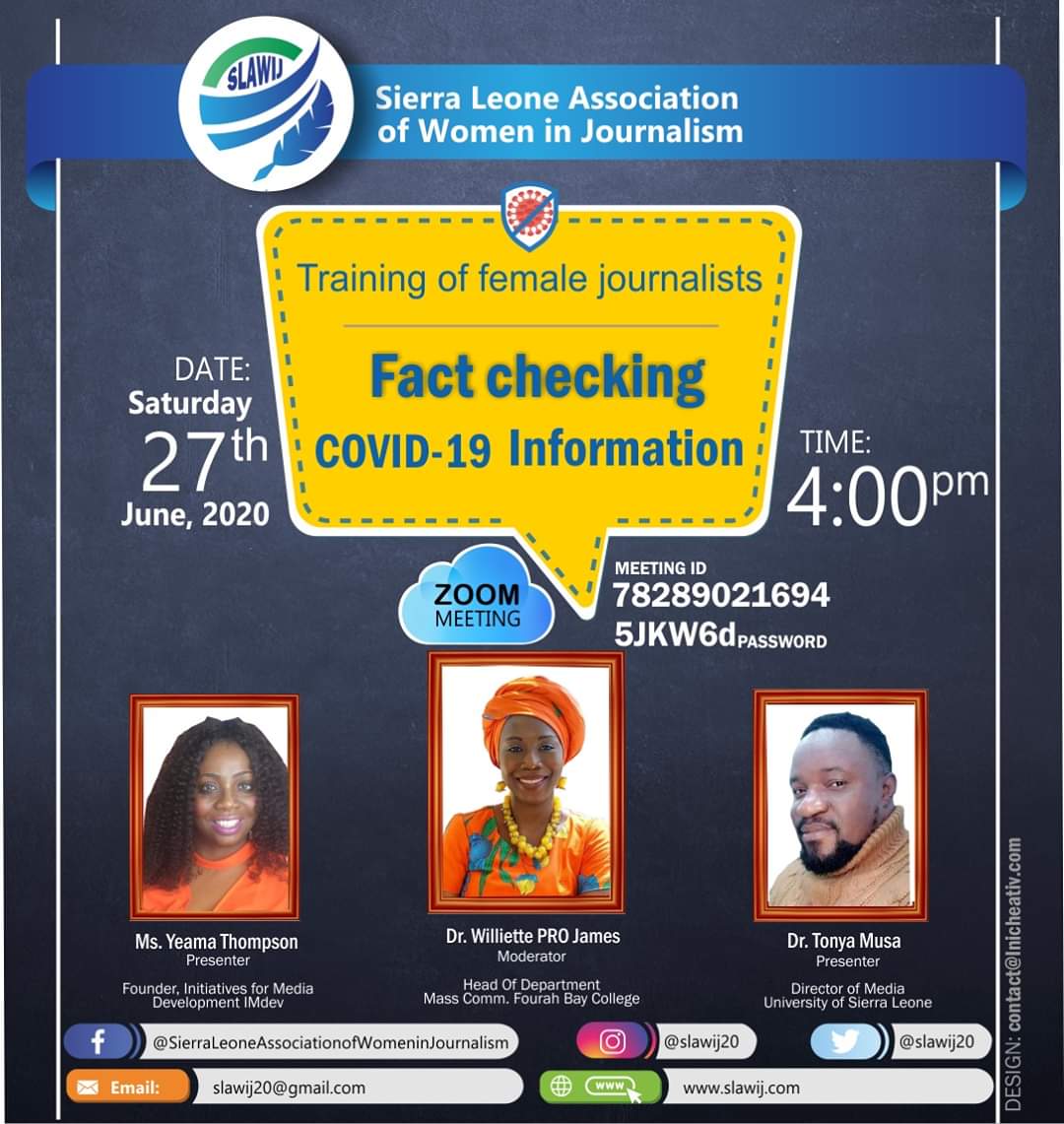We are honoured to host the third  Zoom training as part of our series to empower our female journalists on the frontlines of the #COVID19 fight.  Don't miss this training and please share to your networks. 
#SLAWIJ 
#WomeninJournalism 
#empower4equality