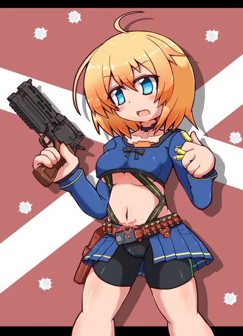 牛巻は近未来感ある服装と合わせて銃で。マテバがベースのビームピストルみたいな感じ。銃弾は小型バッテリー(乾電池みたいな)のイメージ。牛巻、早く元気になれよ! #牛巻りこ #牛絵巻 