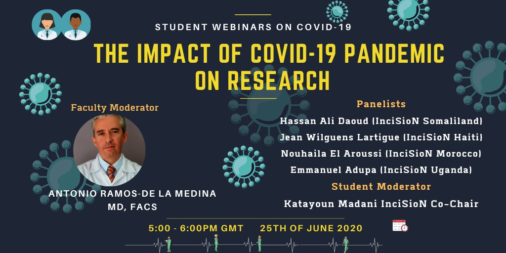 InciSioNGlobal's tweet photo. 🦠Join our webinar: "The Impact of #COVID__19  Pandemic on Research"

🗓 5:00PM GMT, 25th June 

📲Registration: https://t.co/DAjDPAYgC0

Delighted to have Dr. @ramosdelamedina as Faculty Moderator, &amp; our International panel: @NouhailaWisley @Adupsemma @jwlartigue @ZeyitAli https://t.co/OucKr0Vdjl