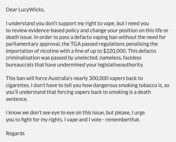 jay_akins's tweet photo. @LucyWicksMP 

On Friday the TGA announced that they’re effectively banning vaping in Australia by making it a criminal offence to import nicotine for personal use. 

It’s time for a change, it’s time we're heard.

#LegaliseVaping https://t.co/bvhQ4IKKbM