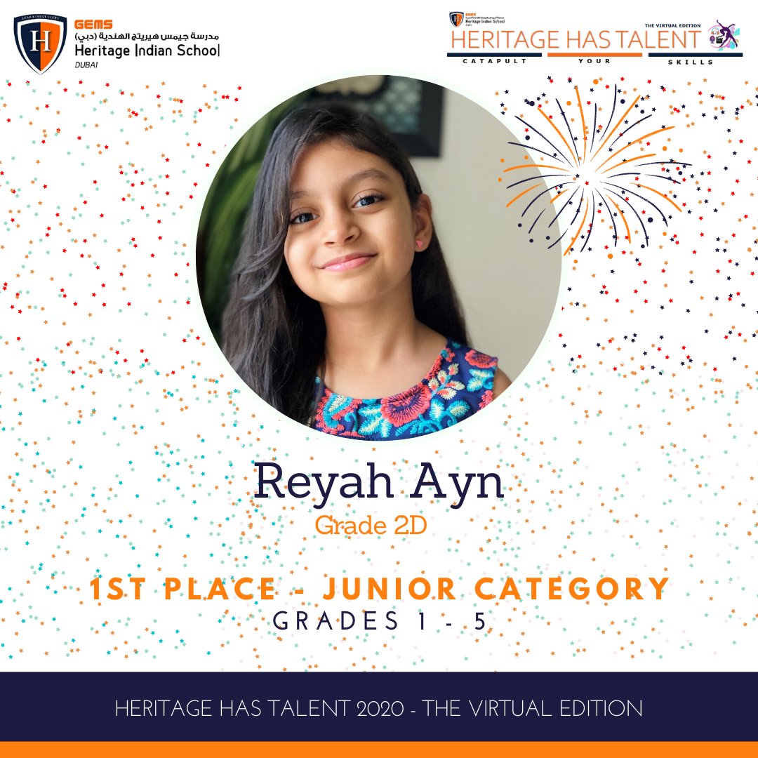 GEMS Heritage School (@gemsheritagesch) on Twitter photo We are proud to announce our winners for Heritage Has Talent 2020 – The Virtual Edition!
In our juniors category for Grades 1-5, THE WINNER – REYAH AYN from Grade 2D!
<a href="/KHDA/">KHDA | هيئة المعرفة والتنمية البشرية بدبي</a> <a href="/GEMS_ME/">GEMS Education</a> @MOEducationUAE @KAPILKKR We are proud to announce our winners for Heritage Has Talent 2020 – The Virtual Edition!
In our juniors category for Grades 1-5, THE WINNER – REYAH AYN from Grade 2D!
<a href="/KHDA/">KHDA | هيئة المعرفة والتنمية البشرية بدبي</a> <a href="/GEMS_ME/">GEMS Education</a> @MOEducationUAE @KAPILKKR