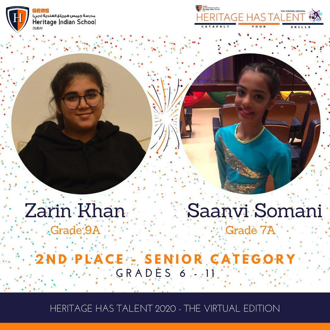 GEMS Heritage School (@gemsheritagesch) on Twitter photo We are proud to announce our winners for Heritage Has Talent 2020–The Virtual Edition!
In our seniors’ category for Grades 6-11, THE FIRST RUNNER UP – is a well contested tie between SAANVI SOMANI of Grade 7A & ZARIN KHAN of Grade 9A.
<a href="/KHDA/">KHDA | هيئة المعرفة والتنمية البشرية بدبي</a> <a href="/GEMS_ME/">GEMS Education</a> @MOEducationUAE @KAPILKKR We are proud to announce our winners for Heritage Has Talent 2020–The Virtual Edition!
In our seniors’ category for Grades 6-11, THE FIRST RUNNER UP – is a well contested tie between SAANVI SOMANI of Grade 7A & ZARIN KHAN of Grade 9A.
<a href="/KHDA/">KHDA | هيئة المعرفة والتنمية البشرية بدبي</a> <a href="/GEMS_ME/">GEMS Education</a> @MOEducationUAE @KAPILKKR