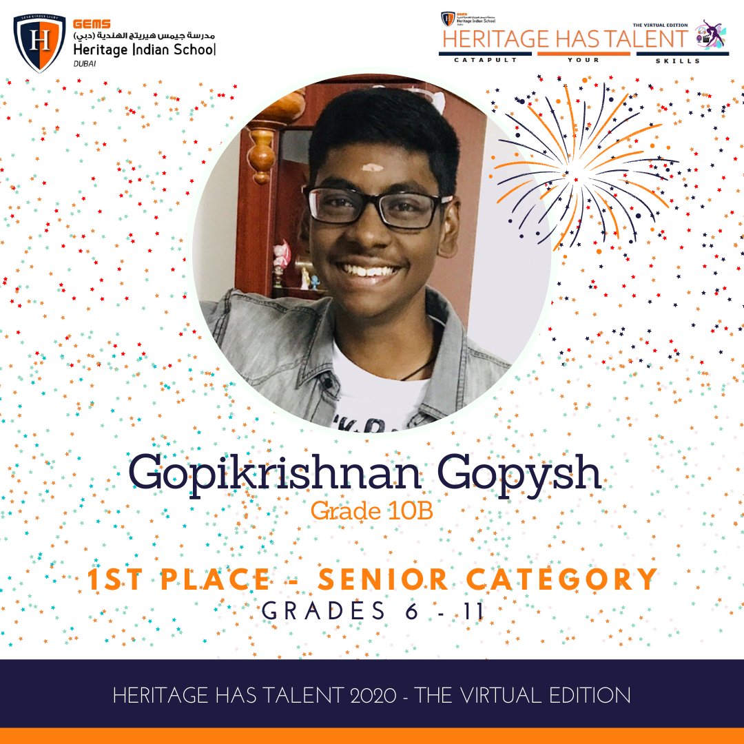 GEMS Heritage School (@gemsheritagesch) on Twitter photo We are proud to announce our winners for Heritage Has Talent 2020 – The Virtual Edition!
In our seniors category for Grades 6-11, THE WINNER – GOPIKRISHNAN GOPYSH from Grade 10B!
<a href="/KHDA/">KHDA | هيئة المعرفة والتنمية البشرية بدبي</a> <a href="/GEMS_ME/">GEMS Education</a> @MOEducationUAE @KAPILKKR We are proud to announce our winners for Heritage Has Talent 2020 – The Virtual Edition!
In our seniors category for Grades 6-11, THE WINNER – GOPIKRISHNAN GOPYSH from Grade 10B!
<a href="/KHDA/">KHDA | هيئة المعرفة والتنمية البشرية بدبي</a> <a href="/GEMS_ME/">GEMS Education</a> @MOEducationUAE @KAPILKKR