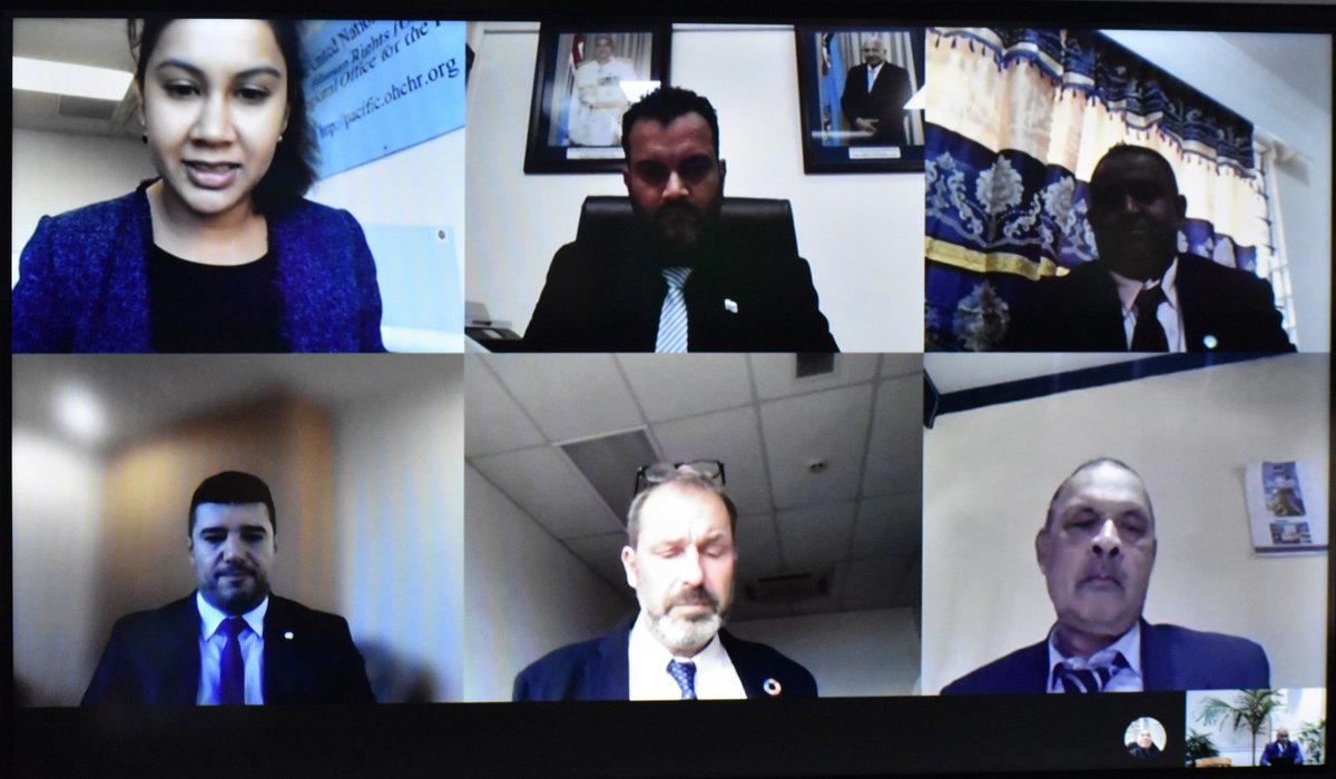fijiparliament's tweet photo. Virtual submissions to the Justice, Law&HR Committee on the Cybercrime Bill 2020 from Peter Rigamoto, Head of Legal (Pacific Hub) Digicel Pacific Group, Releshni Karan @OHCHR_Pacific & Mr Alexandru Caciuloiu @UNODC https://t.co/Mxkb30VsSB
