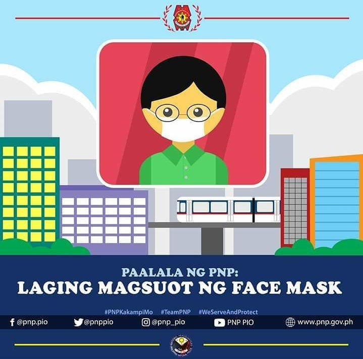 pnppio's tweet photo. Kasabay ng pagsasailalim sa Metro Manila at iba pang lugar sa General Community Quarantine at pagbabalik-trabaho ng ating mga kababayan, paalala ng PNP, laging magsuot ng face mask upang maprotektahan ang sarili at maiwasan ang pagkalat ng COVID-19.

#TeamPNP
#PNPKakampiMo https://t.co/SurqgAS4Fd