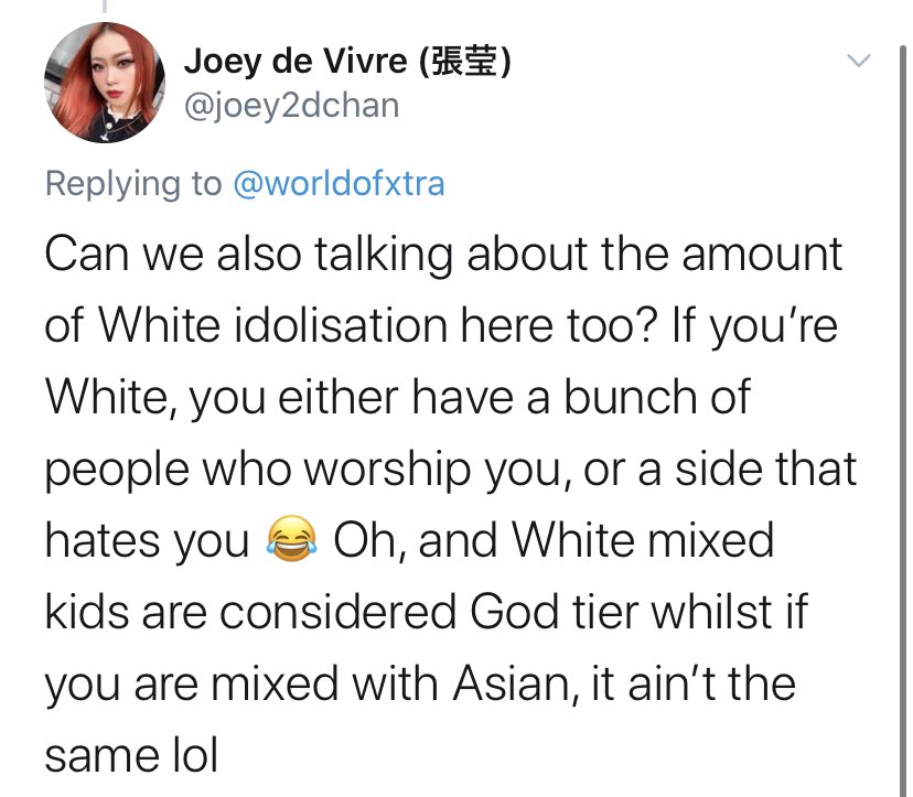 21. This is very true. If you’re Japanese mixed with Asian blood, you’re just another “gaijin,” translates to “outsider.” If you’re white, you’re GOD! Additional points for blue eyes. Plus 3 points for green eyes! Plus 10 points if you’re blonde. ( @joey2dchan )