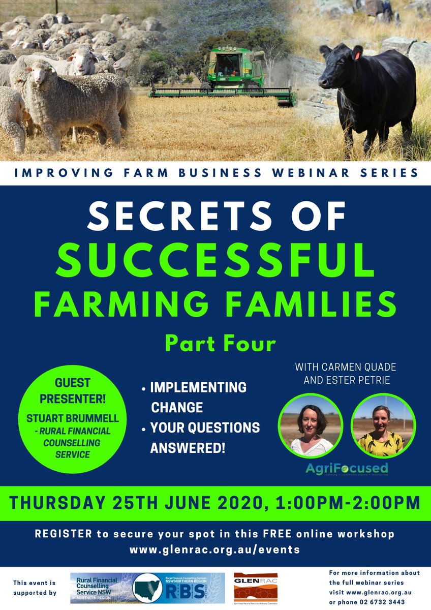 There is still time to register for tomorrow's webinar: SECRETS OF SUCCESSFUL FARMING FAMILIES Part 4 with agribusiness consultants Ester Petrie &amp; Carmen Quade from Agrifocused &amp; rural financial counsellor Stuart Brummell. Register: glenrac.org.au/events #glenrac #farmfamilies