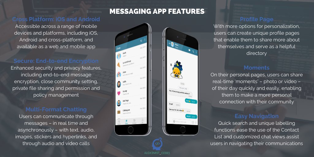 AlchemistCodes's tweet image. At @AlchemistCodes, we provide users with a convenient and secure messaging application. It is customized to offer the features that you require and remove those that you don’t, which avoids unnecessary cost. 
alcodes.net/messaging.html