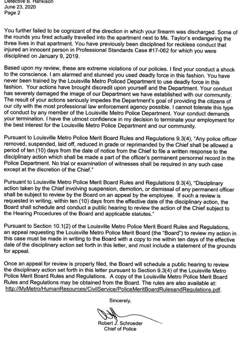 Brett Hankison was officially TERMINATED by Louisville Police today!! But that’s NOT enough. We want: (1) Hankison ARRESTED for #BreonnaTaylor’s murder, (2) FIRING of officers Mattingly, Cosgrove and Jaynes, (3) Kentucky AG Cameron to file CRIMINAL CHARGES against ALL 4 officers!