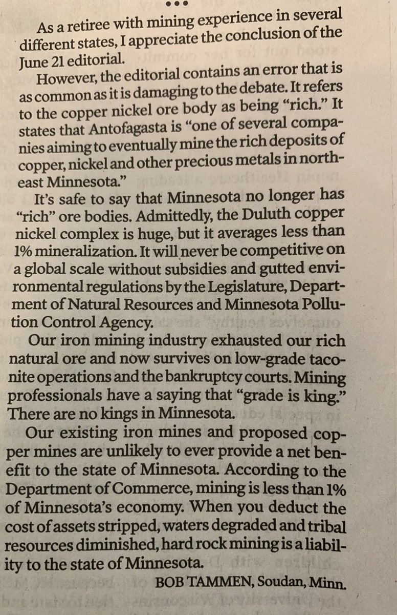 Morrison4MN's tweet photo. Compelling and thought provoking letter to the editor in the @StarTribune today by former miner Bob Tammen.
#SaveTheBWCA #ForAHealthyThrivingMinnesota https://t.co/rV4Os7zQ2s