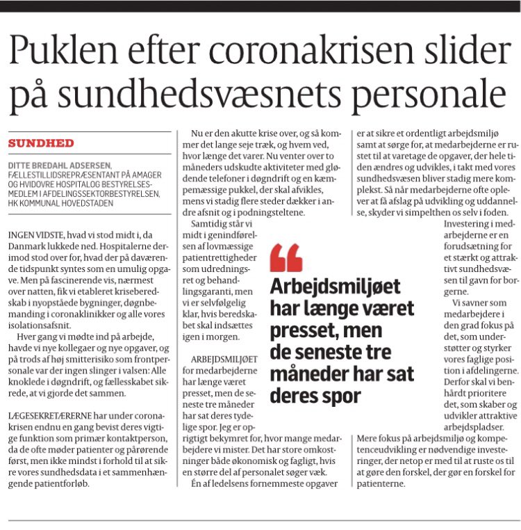 ditte_bredahl's tweet image. Et ordentligt arbejdsmiljø og investering i medarbejderne, er en forudsætning for et stærkt og attraktivt sundhedsvæsen. Jeg uddyber i Politiken 👇🏽#sundpol #hospital #dkpol #lægesekretær #corona