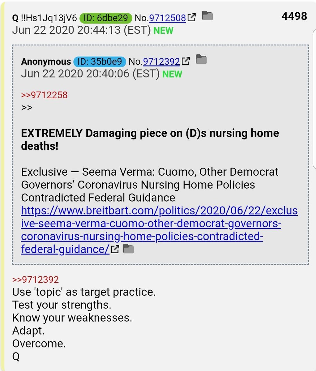 48.  #QAnon Democrats such as Cuomo were not following federal guidelines when they sent 20,000 seniors to their deaths.  https://breitbart.com/politics/2020/06/22/exclusive-seema-verma-cuomo-other-democrat-governors-coronavirus-nursing-home-policies-contradicted-federal-guidance/  #QMemes needed for this.