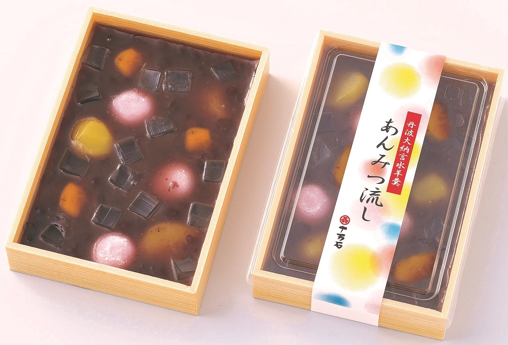 株式会社十万石ふくさや 公式 感謝祭限定商品 丹波大納言水羊羹 あんみつ流し １個 11 5x17cm 1100円を２割引８８０円 税 要冷蔵 丹波大納言の粒のある水羊羹に寒天 求肥餅 栗 杏などあんみつ素材を浮かべました 暑い時には おすすめの贅沢の品