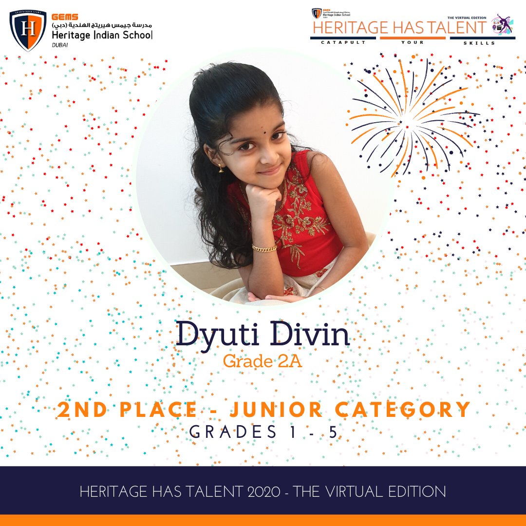 GEMS Heritage School (@gemsheritagesch) on Twitter photo We are proud to announce our winners for Heritage Has Talent 2020 – The Virtual Edition!
In our juniors category for Grades 1-5, THE FIRST RUNNER UP – DYUTI DIVIN from Grade 2A!
<a href="/KHDA/">KHDA | هيئة المعرفة والتنمية البشرية بدبي</a> <a href="/GEMS_ME/">GEMS Education</a> @MOEducationUAE @KAPILKKR We are proud to announce our winners for Heritage Has Talent 2020 – The Virtual Edition!
In our juniors category for Grades 1-5, THE FIRST RUNNER UP – DYUTI DIVIN from Grade 2A!
<a href="/KHDA/">KHDA | هيئة المعرفة والتنمية البشرية بدبي</a> <a href="/GEMS_ME/">GEMS Education</a> @MOEducationUAE @KAPILKKR