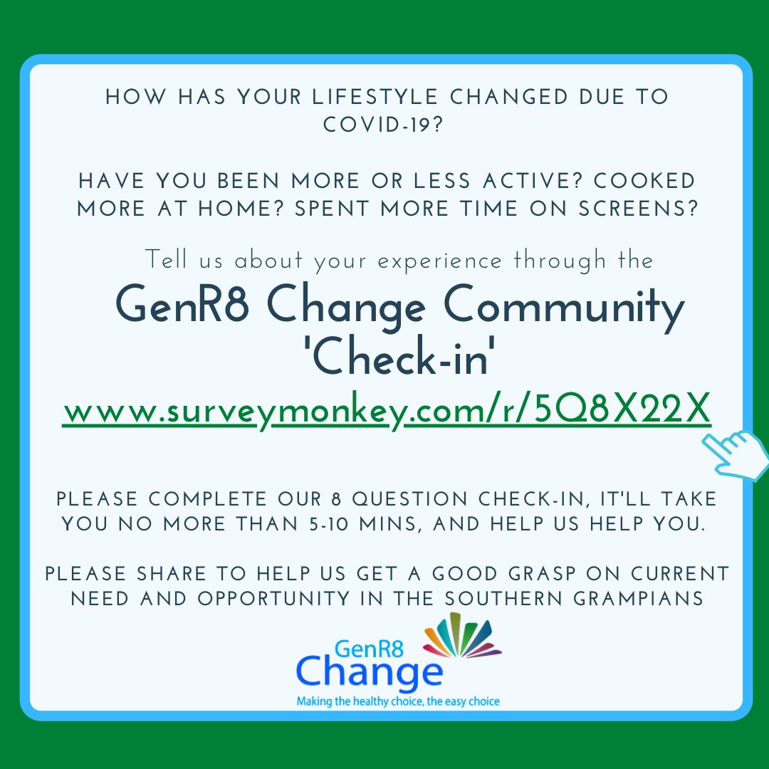 GenR8 Change (@genr8change) on Twitter photo We want to know about local experiences & change in the areas of healthy eating and active living during COVID. Complete the quick community check-in! surveymonkey.com/r/5Q8X22X
genr8change.com/covid_19_check…
<a href="/HSpecAus/">Hamilton Spectator</a> <a href="/SGGPCP/">SGGPCP</a> <a href="/tudballm/">Michael Tudball AFSM FAICD</a> <a href="/Hamiltonparkrun/">Hamilton parkrun</a> <a href="/HKFNC/">Hamilton Kangaroos</a> <a href="/DiscoverDunkeld/">Discover Dunkeld</a> We want to know about local experiences & change in the areas of healthy eating and active living during COVID. Complete the quick community check-in! surveymonkey.com/r/5Q8X22X
genr8change.com/covid_19_check…
<a href="/HSpecAus/">Hamilton Spectator</a> <a href="/SGGPCP/">SGGPCP</a> <a href="/tudballm/">Michael Tudball AFSM FAICD</a> <a href="/Hamiltonparkrun/">Hamilton parkrun</a> <a href="/HKFNC/">Hamilton Kangaroos</a> <a href="/DiscoverDunkeld/">Discover Dunkeld</a>