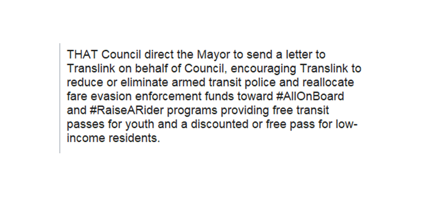 christineeboyle's tweet image. Tomorrow Council will hear speakers &amp;amp; vote on a 👍🏽motion from @JeanSwanson_ about an #AllOnBoard pilot. 

I plan to move an amendment encouraging @TransLink to "reduce or eliminate armed transit police" and reallocate $$ to fund #AllOnBoard &amp;amp; #RaiseaRider programs. #vanpoli👇🏽