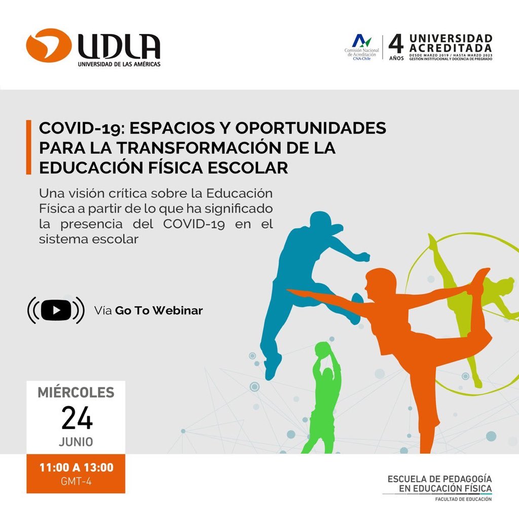 AnaHenriquez's tweet photo. [Miércoles / 11:00 horas]
 #WebinarUDLA: “Covid-19: Espacios y oportunidades para la transformación de la Educación Física Escolar”.  

🔹Inscripción aquí 👉 https://t.co/U1Dk68Ef9K

#UDLA #Educación #Pedagogia #QuédateEnCasa  #Webinar #COVID__19 @UDLA_CL @FeduUdla https://t.co/Jo2ldzGPR5