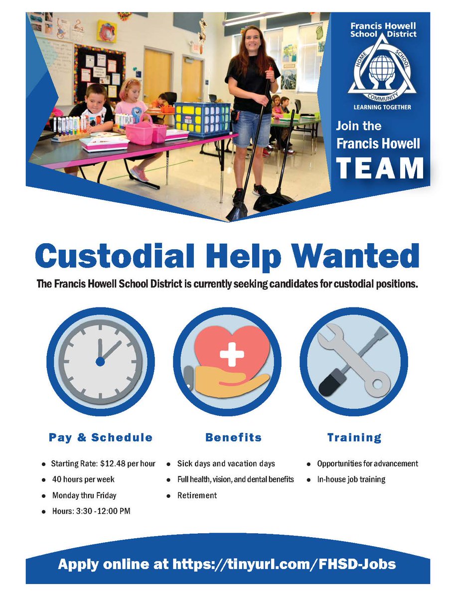 NOW HIRING: Francis Howell School District has multiple custodian positions available. If you or anyone you know would be interested in this job opportunity with great benefits, please go to our website to apply: bit.ly/2UZxOAN
