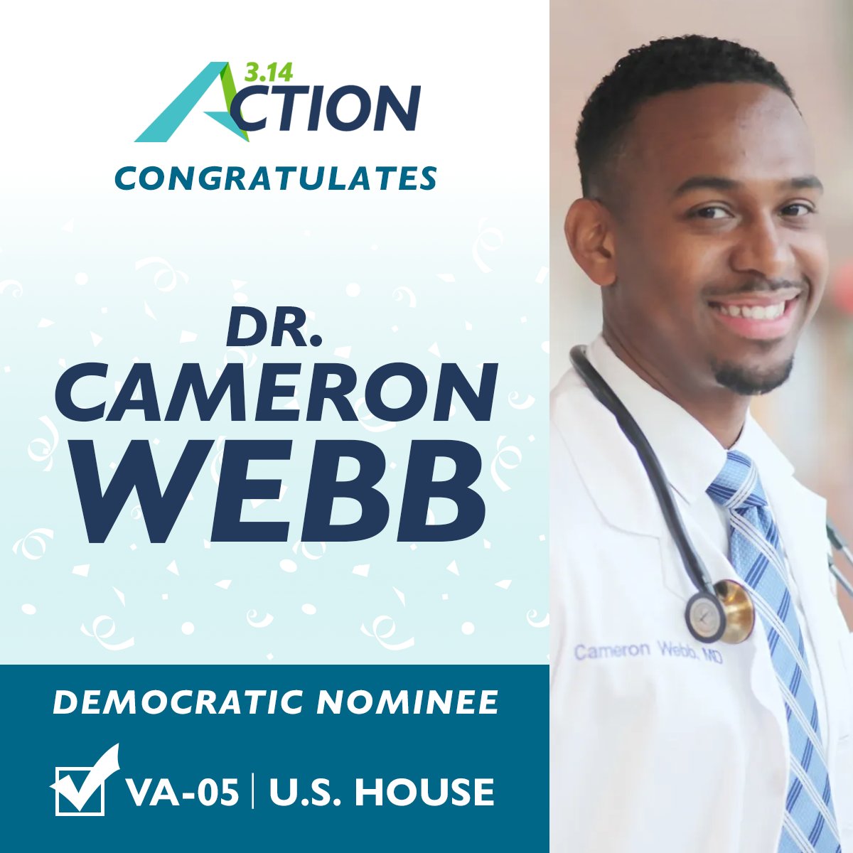 314action's tweet photo. Congratulations to @DrCameronWebb on his primary win in #VA05! Support Dr. Webb in the general here: https://t.co/DA4ofkDCdP #ElectScientists https://t.co/u64MEguMnr