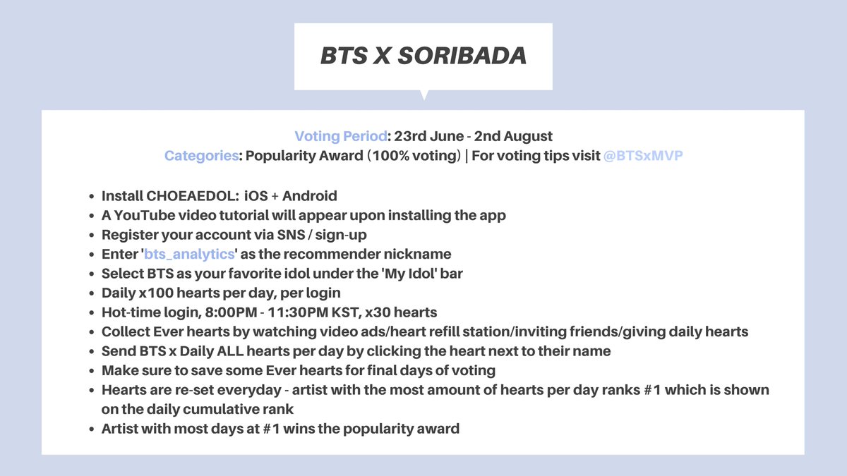 btsanalytics's tweet photo. #BTS x Soribada Popularity Award voting guide:

• iOS: https://t.co/fbFZxMTuZN
• Android: https://t.co/h9Se8xNhom

Voting period: June 23 - Aug 2 https://t.co/h3scurISkl