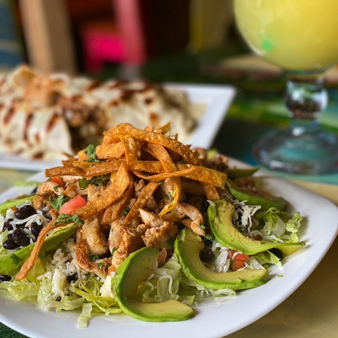 Our Southwest Blackened Chicken Salad🥗 😋 Grilled Chicken🍗 with romaine hearts, cheese🧀, black beans, avocado slices🥑, chopped tomatoes🍅, tortilla strips, and choice of dressing.