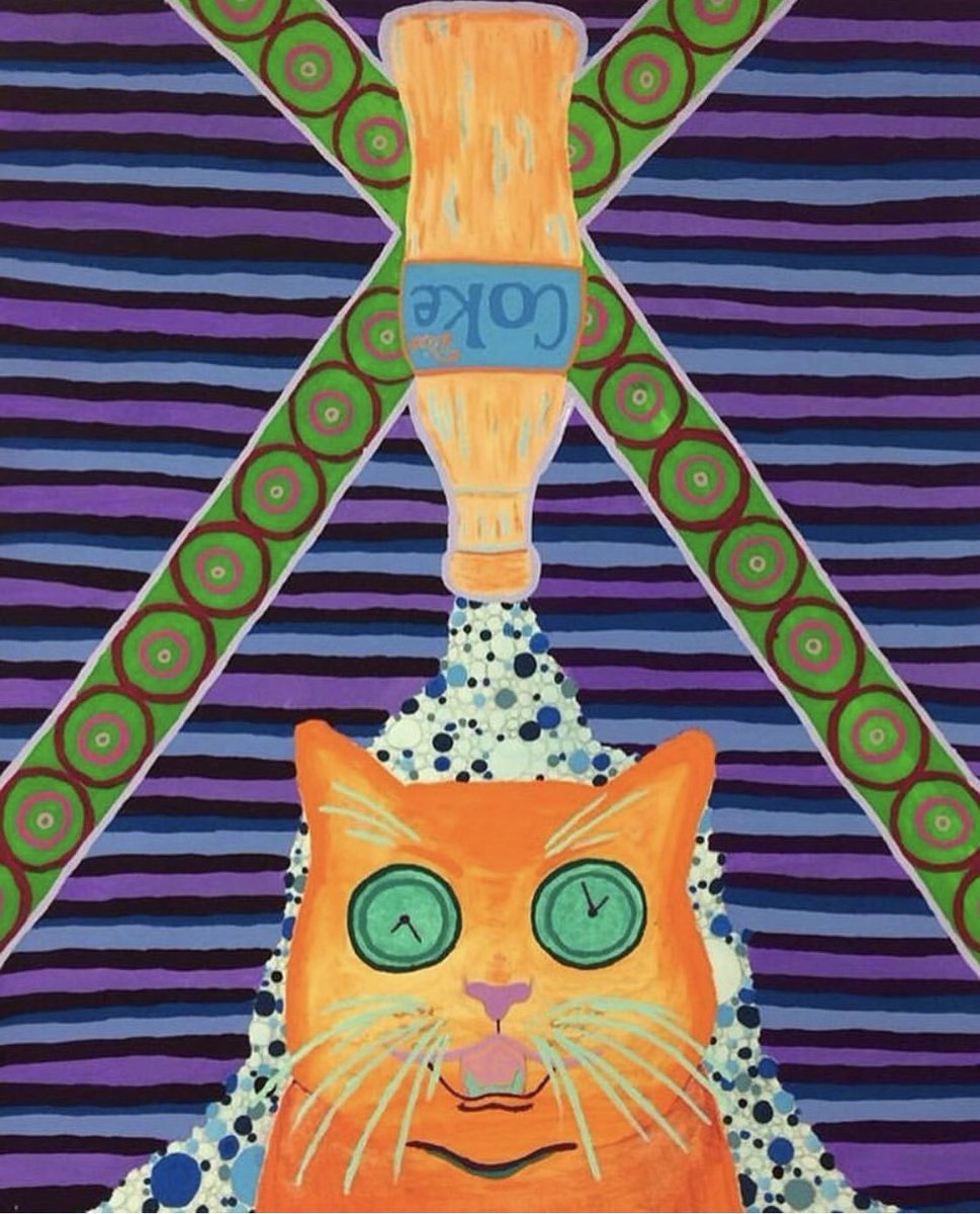 artbysin1's tweet photo. "Utterly confused~ Yet oddly content" #ARTBYSIN #sinclaircorbettart #cats #dietcoke #gouache #freehand #monochromaticbubbles #clocks #cat #meow #delightfulart https://t.co/bPERd1JKj6