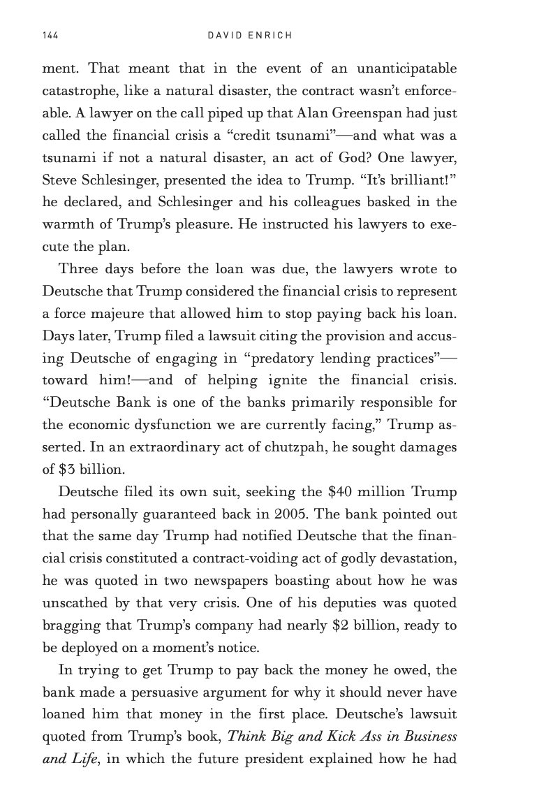 I'm reminded now of DB's response to Trump's 2008 lawsuit. The bank quoted from one of Trump's books in which he boasted about stiffing his lenders.Here's the relevant passage in Dark Towers.