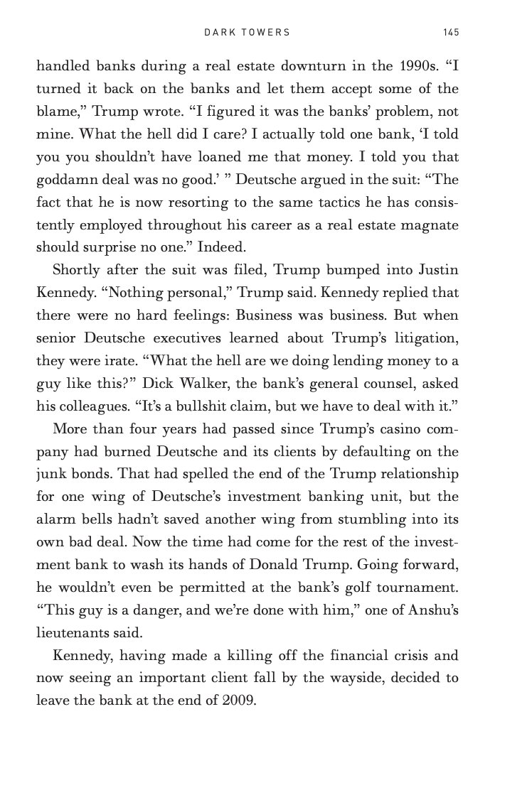 I'm reminded now of DB's response to Trump's 2008 lawsuit. The bank quoted from one of Trump's books in which he boasted about stiffing his lenders.Here's the relevant passage in Dark Towers.